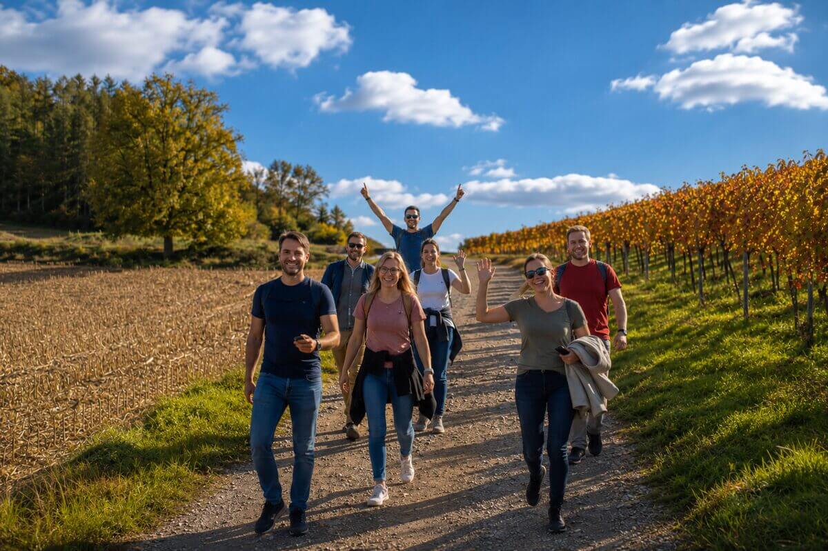 Geocaching-Teamevent im goldenen Herbst zwischen Weinbergen